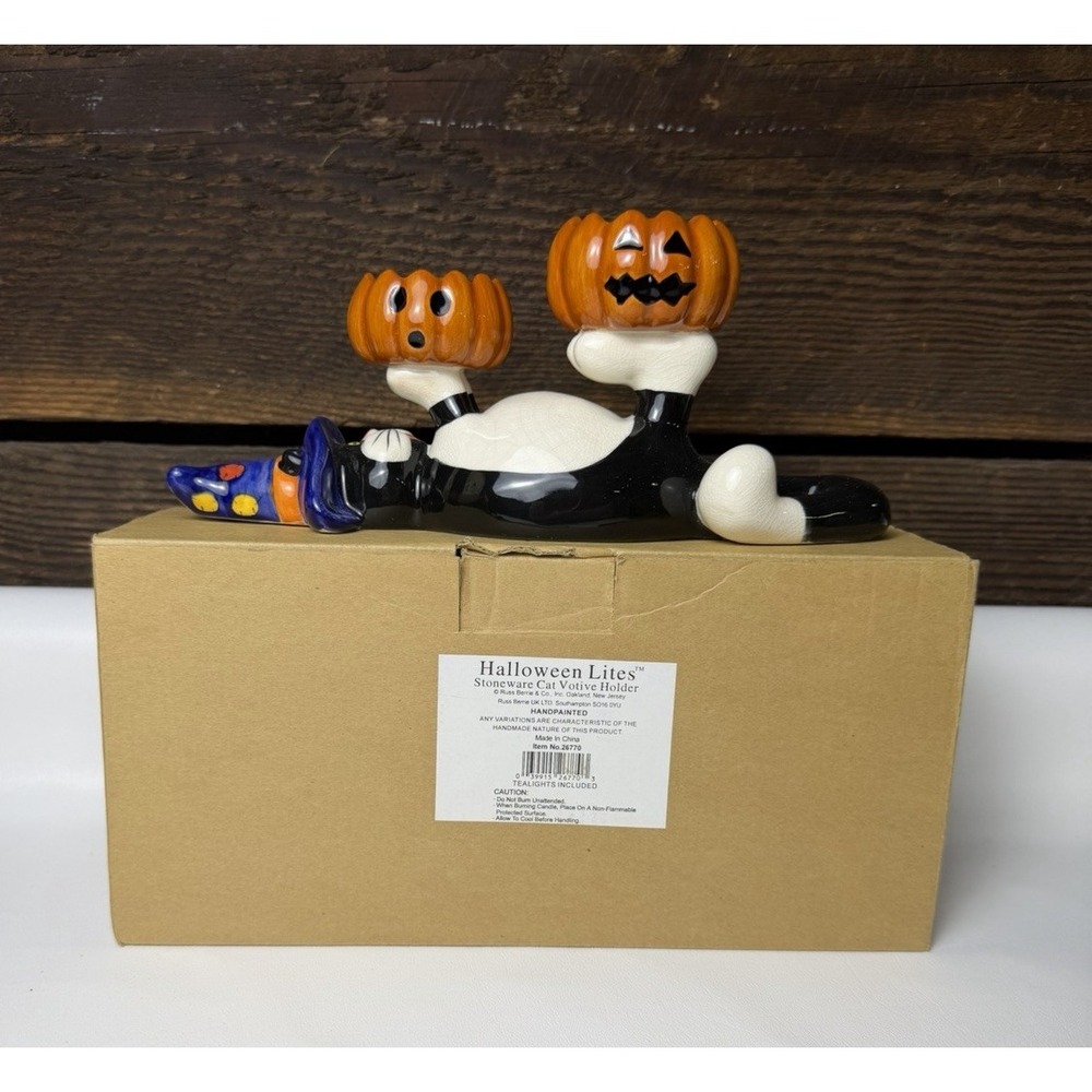 VTG RUSS Halloween Kitty Cat Witch Hat Pumpkin Double Candle Votive Holder Table